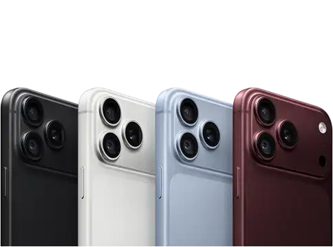 Line up of iPhone 18 Pro back exterior, all four finishes, Burgundy, Glacier, Silver, and Black.